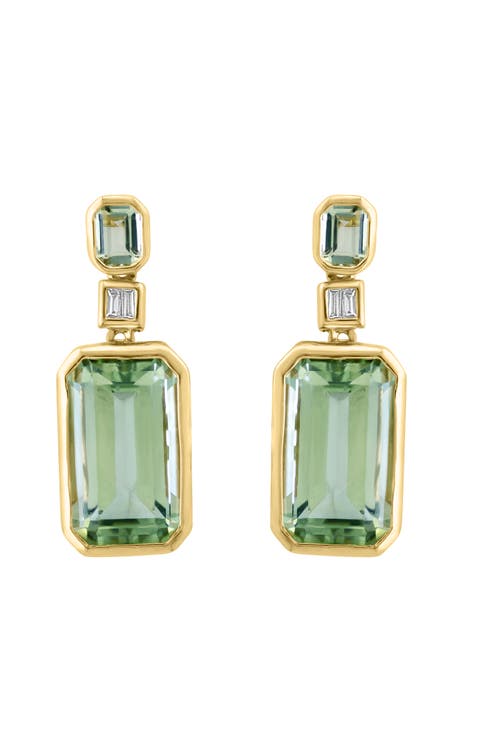14K Yellow Gold Geometric Green Amethyst & Diamond Drop Earrings