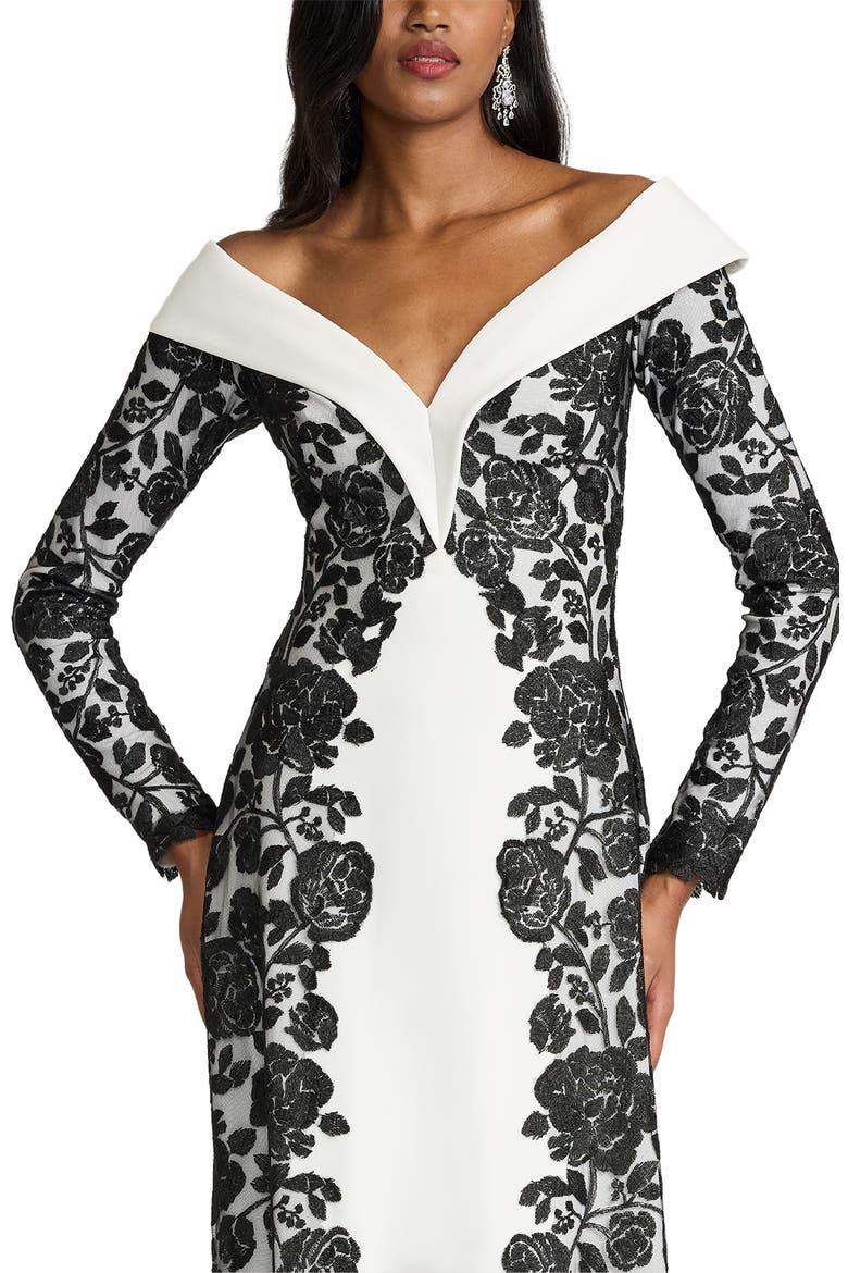 Embroidered Portrait Collar Long Sleeve Crepe Gown, Alternate, color, BLACK/ IVORY