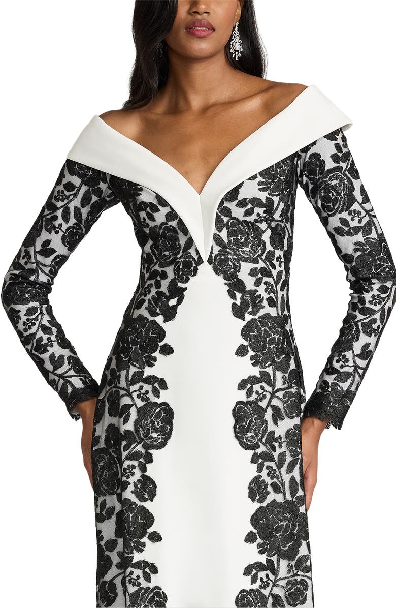 Tadashi Shoji Embroidered Portrait Collar Long Sleeve Crepe Gown, Alternate, color, Black/ Ivory