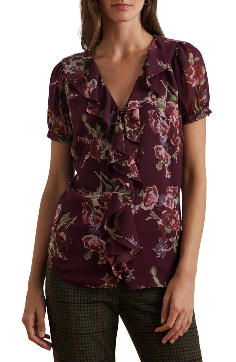 Lauren Ralph Lauren Ruffle Short Sleeve Georgette Top, Main, color, Red Multi