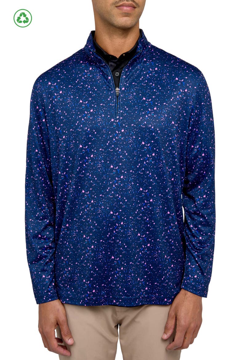 Regular Fit Paint Splatter Print Recycled Performance Quarter Zip, Main, color, NAVY/PINK