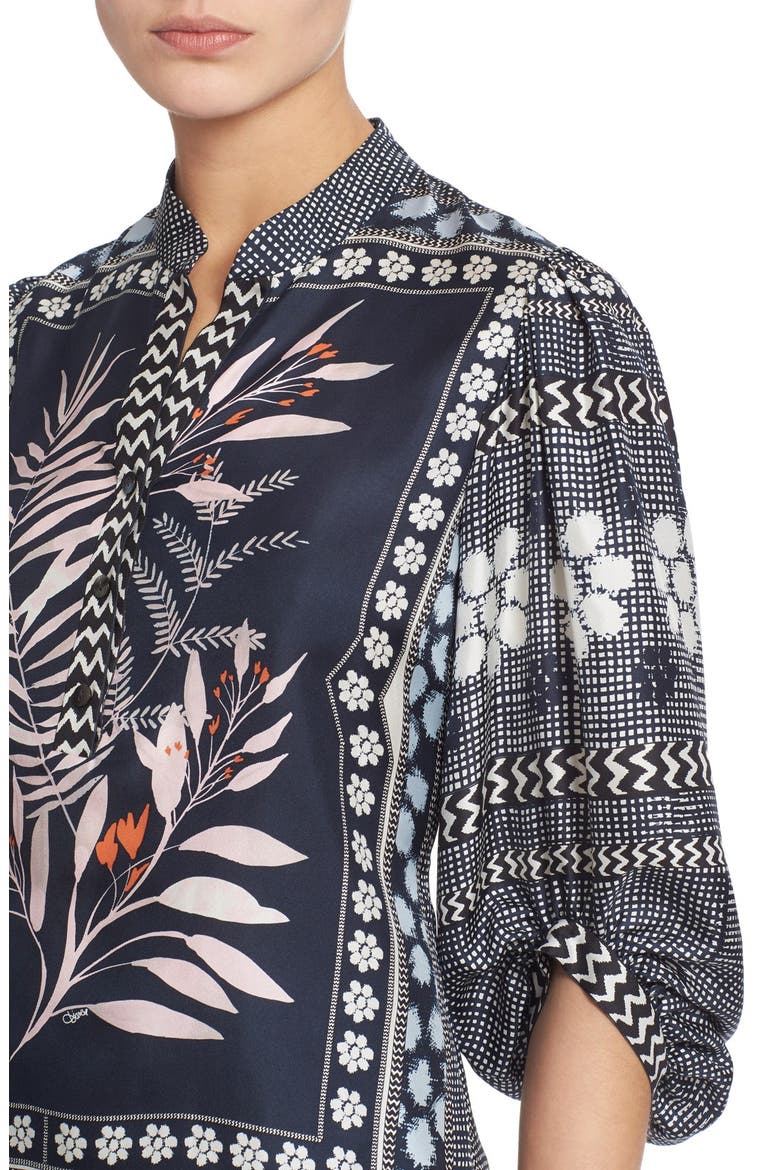 'Chrystie' Print Silk Top, Alternate, color, LEAF PLACEMENT INDIGO