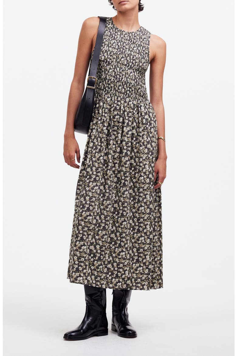 The Melody Floral Smocked Midi Dress, Main, color, DARK PAVEMENT