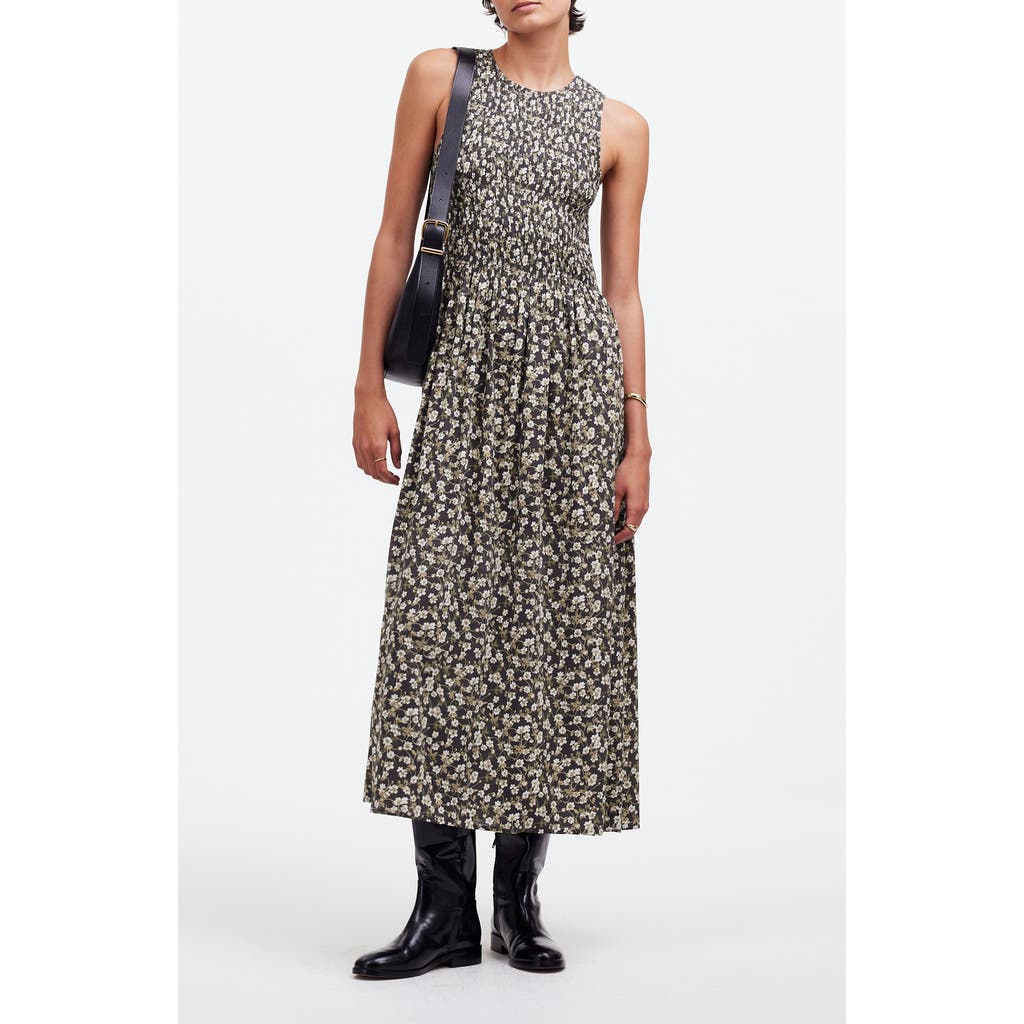 Madewell The Melody Floral Smocked Midi Dress In Dark Pavement