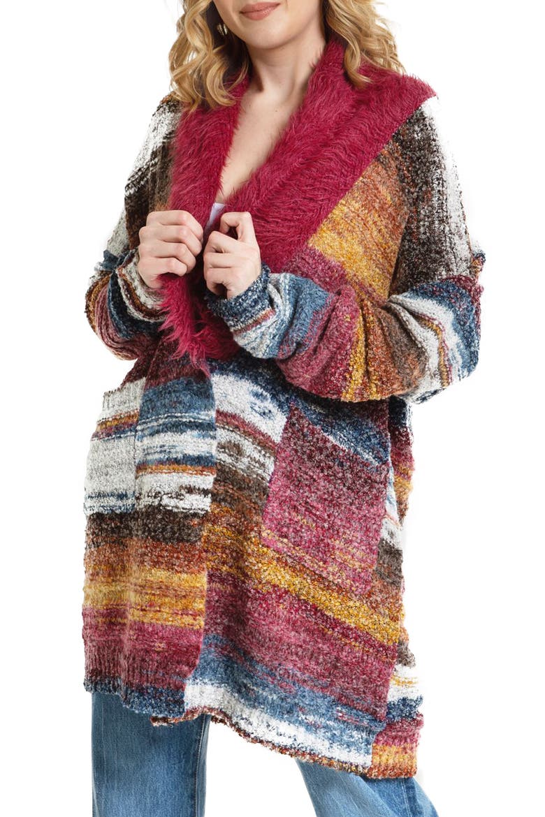 Faux Fur Collar Striped Cardigan, Main, color, PURPLE