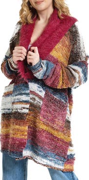SAACHI Faux Fur Collar Striped Cardigan