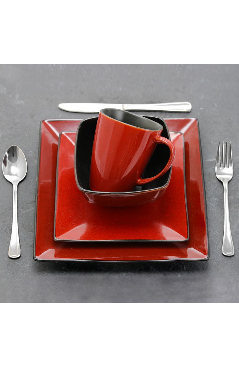 Elama Harland Loft 16 Piece Modern Premium Stoneware set with Complete Setting for 4, Alternate, color, Red