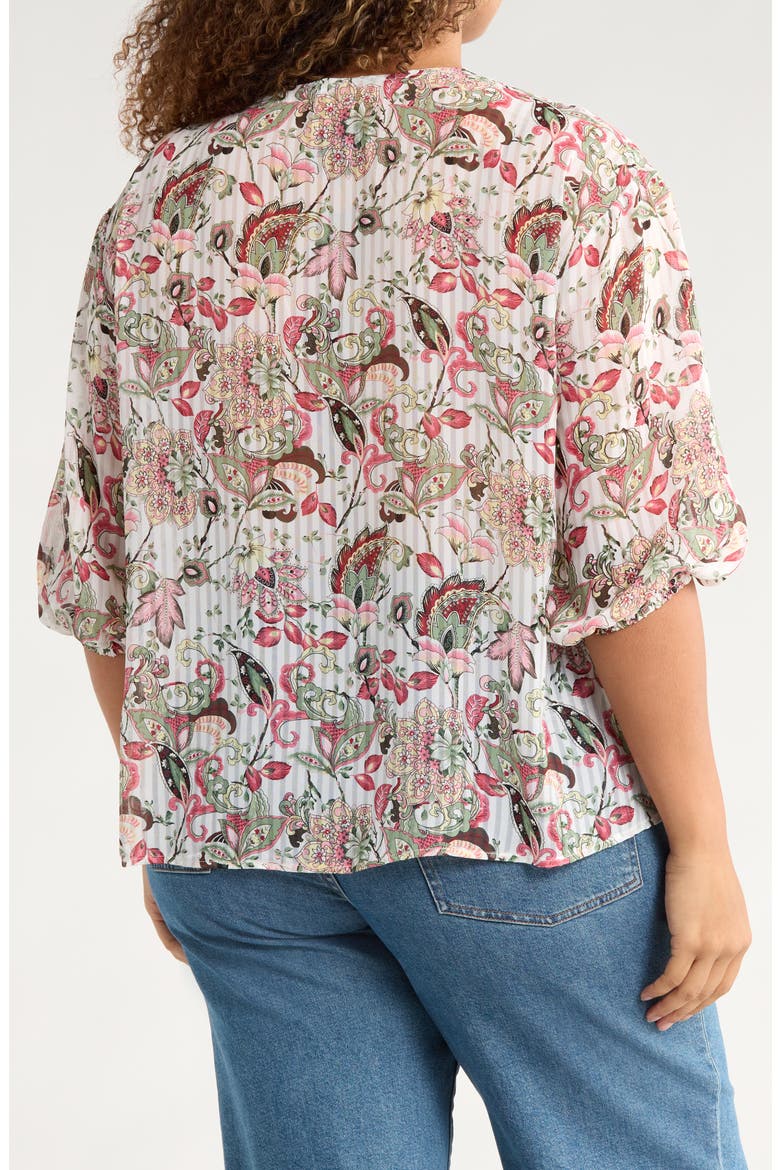 Sheer Floral Tie Neck Balloon Sleeve Top, Alternate, color, IVORY/ RED
