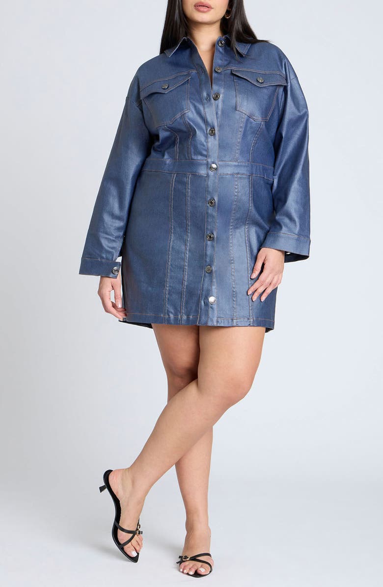 ELOQUII Long Sleeve Button-Up Coated Denim Minidress, Main, color, 