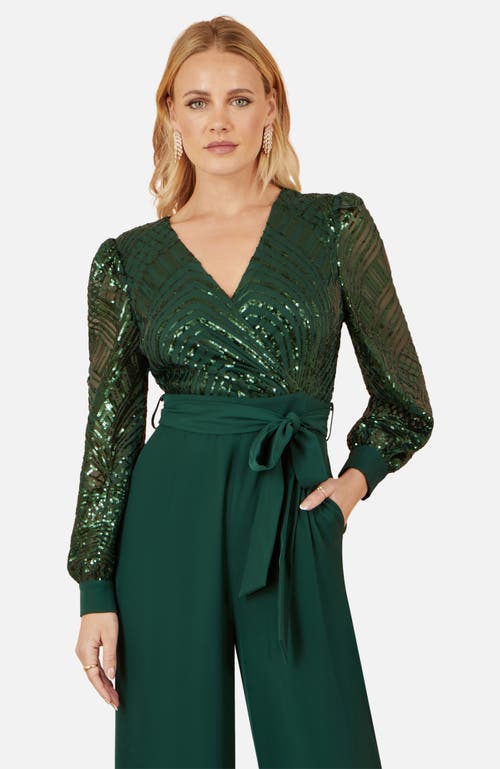 Yumi Sequin Wrap Over Jumpsuit In Green