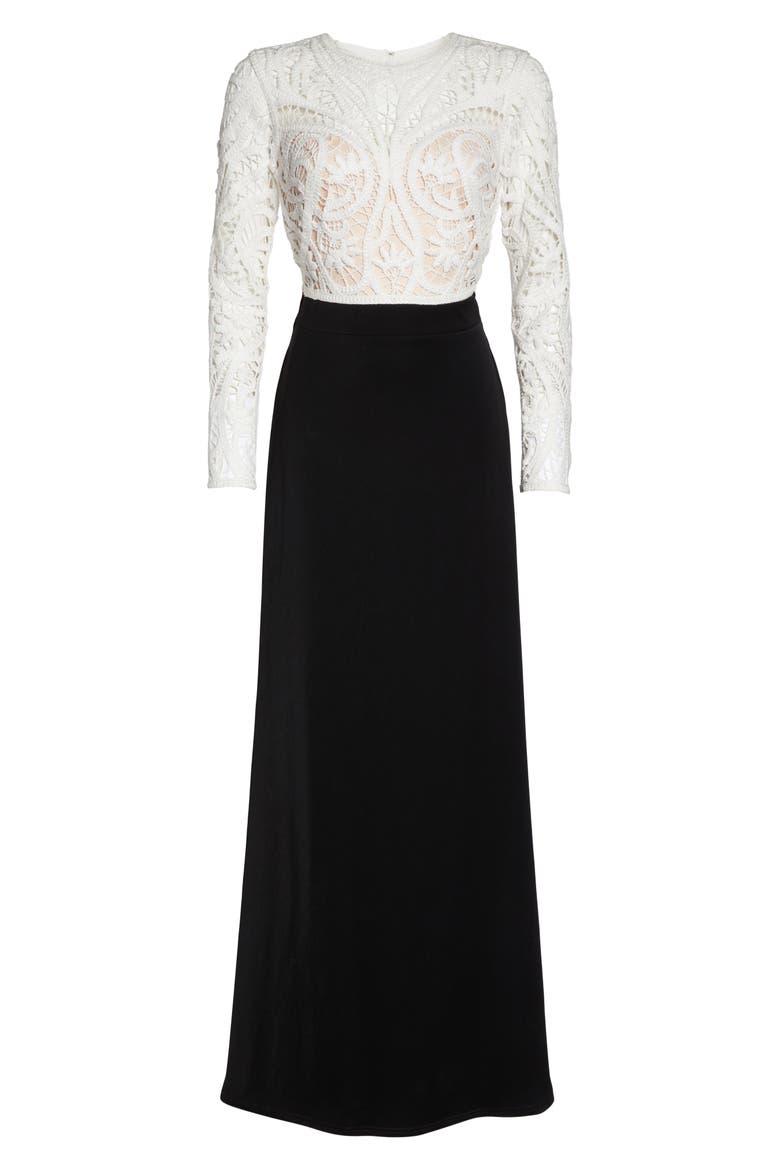 Crochet Lace & Crepe Gown, Alternate, color, IVORY/ BLACK