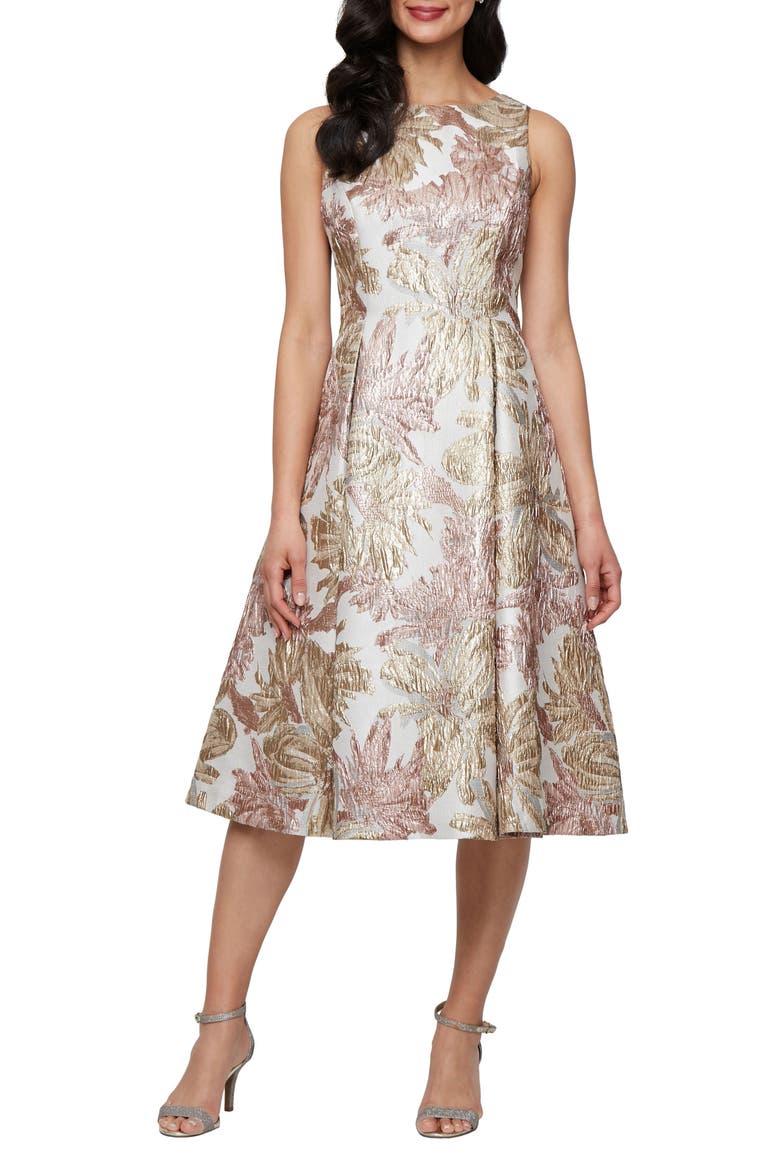 Metallic Floral Jacquard Fit & Flare Cocktail Dress, Main, color, TAUPE MULTI