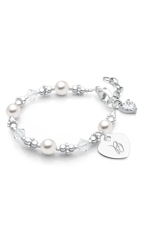 Sterling Silver Crystals & Pearls & Engraved Initial 5.25" Bracelet