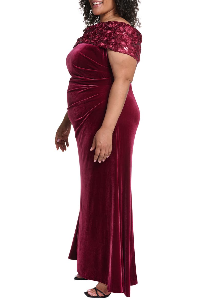 Ruched Off the Shoulder Velvet Gown, Alternate, color, WINE