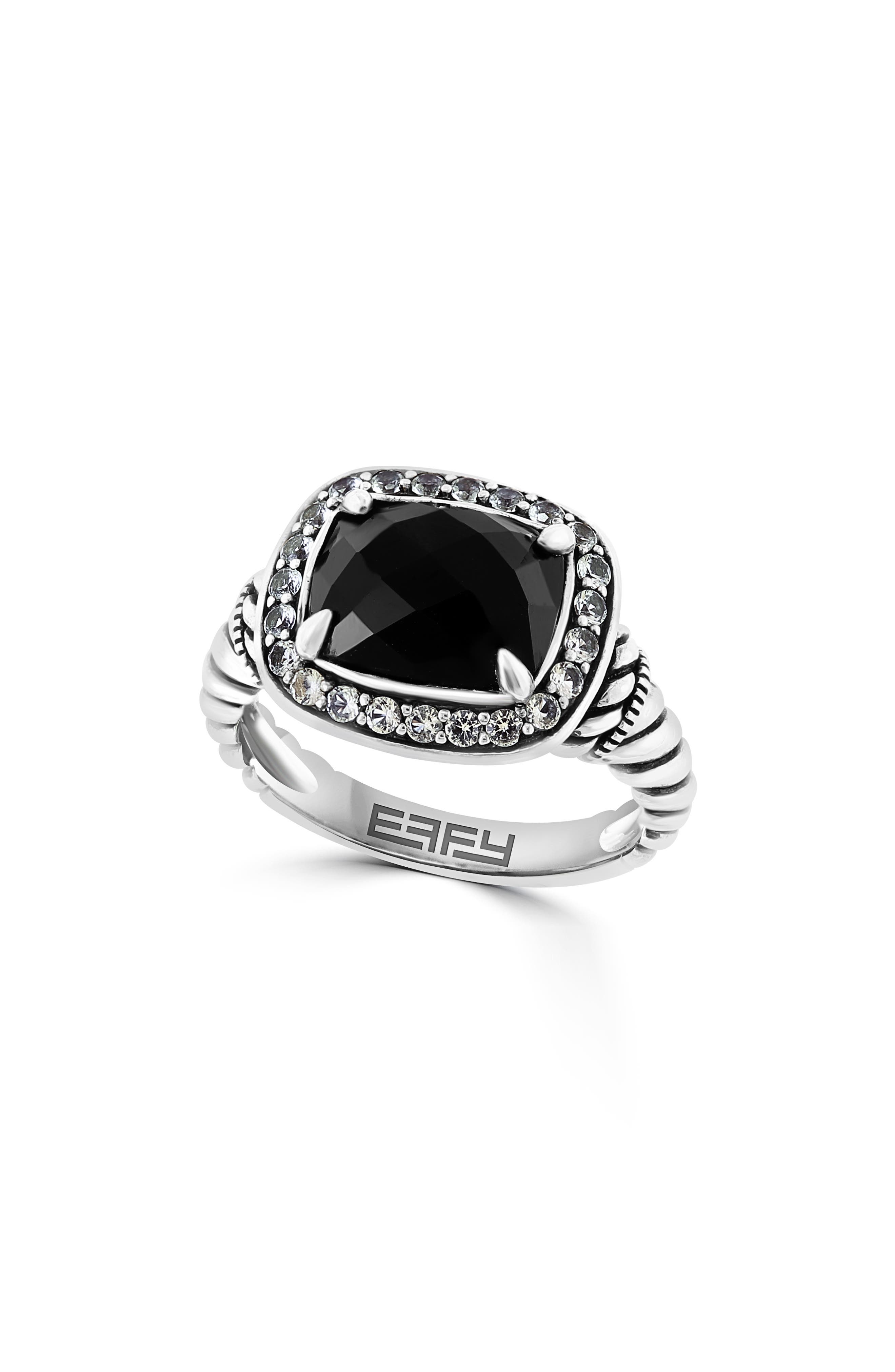 EFFY Sterling Silver White Topaz Halo Onyx Ring - Size 7