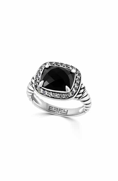 EFFY Sterling Silver White Topaz Halo Onyx Ring - Size 7