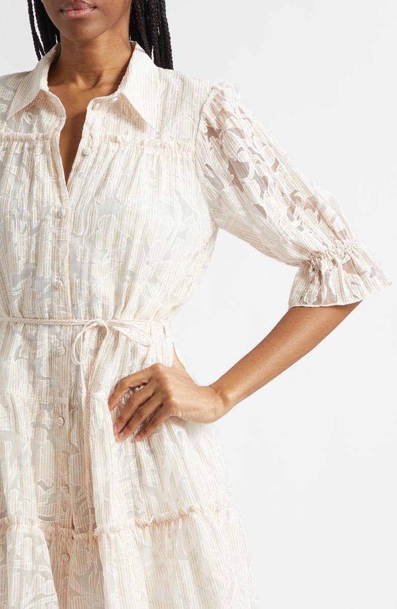 Cinq à Sept Rayla Floral Jacquared Tiered Shirtdress, Alternate, color, Khaki Multi