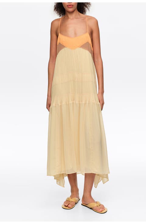 Two-Tone Pleated A-Line Strappy Dress