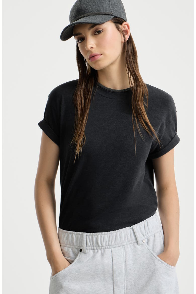 Stretch cotton jersey t-shirt with monili, Alternate, color, Anthracite
