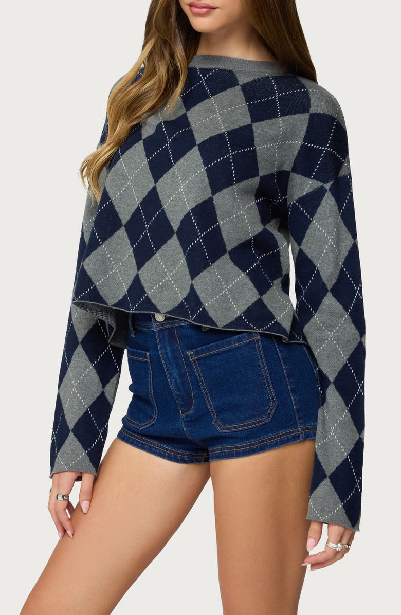 EDIKTED Prep Argyle Crop Cotton Sweater, Alternate, color, Dark-Gray-Melange