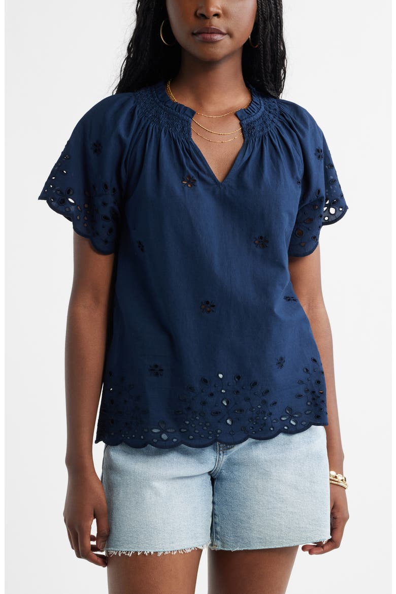 Eyelet Ruffle Trim Cotton Top, Main, color, NAVY STILL