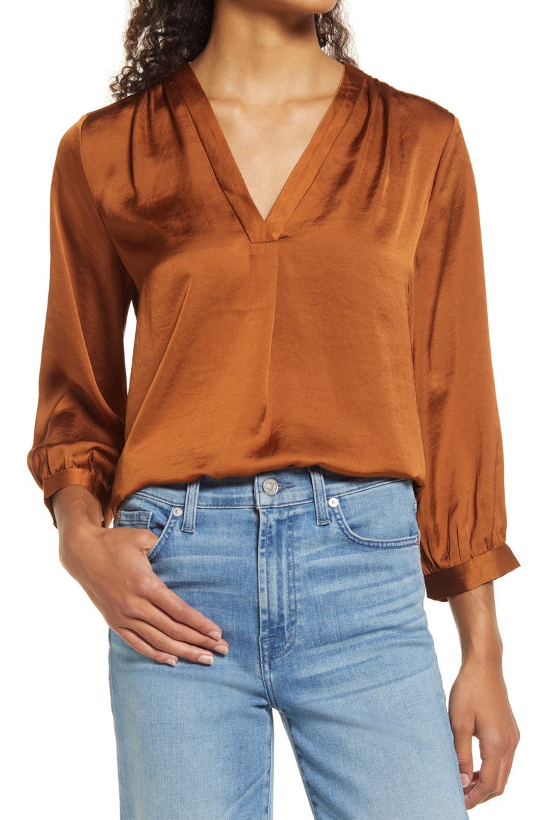 Rumple Satin Blouse, Main, color, RICH TOFFEE