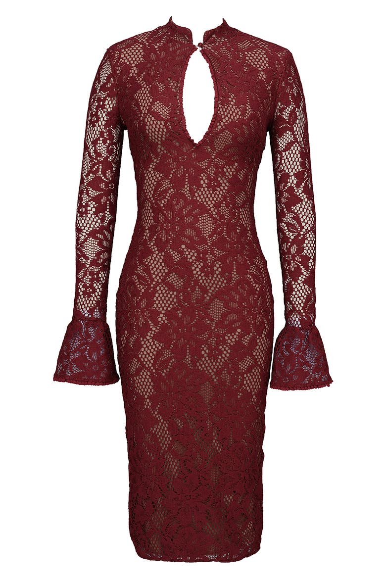 Pierette Cutout Detail Long Sleeve Lace Body-Con Dress, Alternate, color, RHUBARB