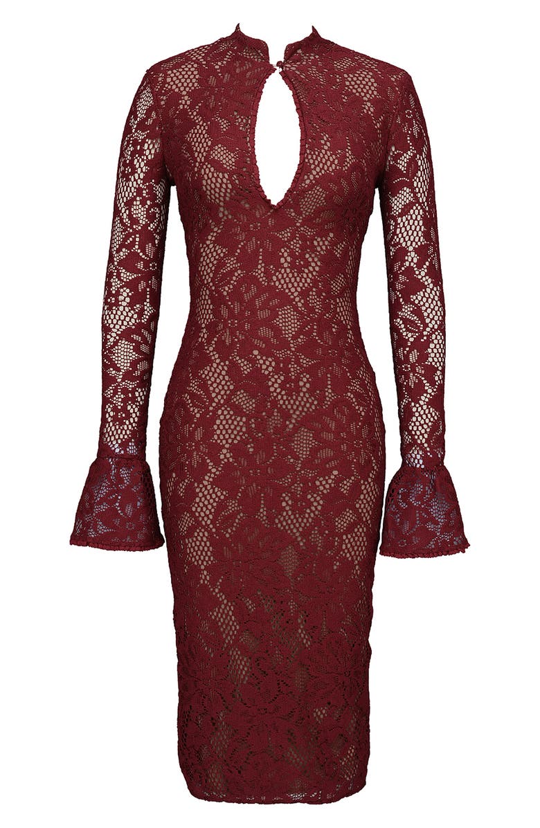 HOUSE OF CB Pierette Cutout Detail Long Sleeve Lace Body-Con Dress, Alternate, color, Rhubarb