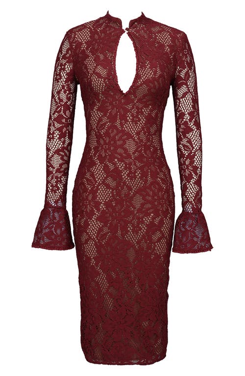 Shop House Of Cb Pierette Cutout Detail Long Sleeve Lace Body-con Dress In Rhubarb
