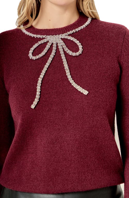 English Factory Rhinestone Bow Sweater In Burgundy