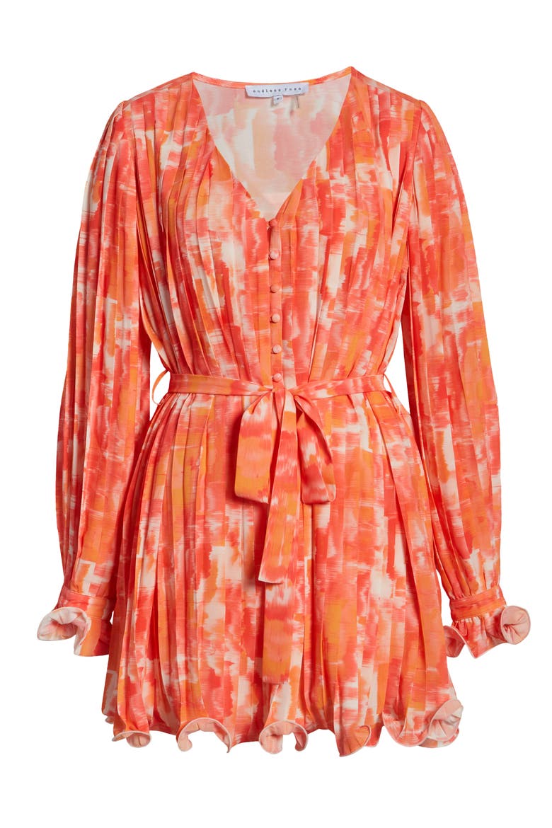 Watercolor Print Pleated Long Sleeve Fit & Flare Dress, Alternate, color, ORANGE