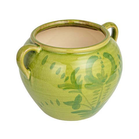 Hand-Painted Terra-cotta Urn with Reactive Glaze