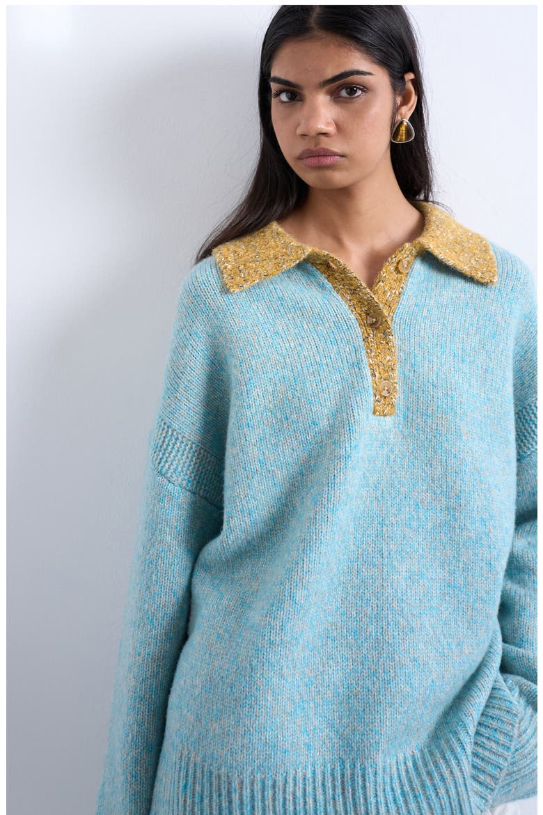 Marled Contrast Johnny Collar Sweater, Alternate, color, MEDIUM BLUE