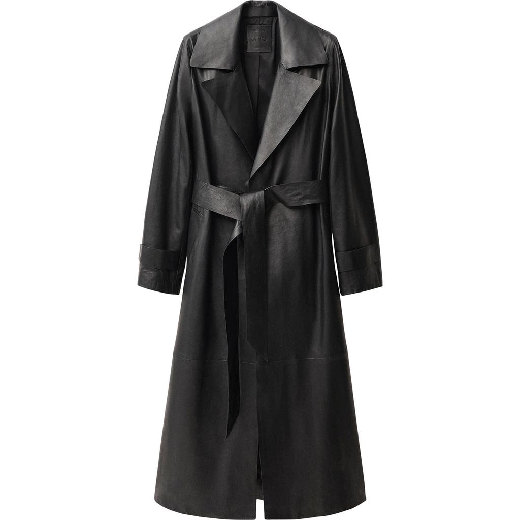 Mango Leather Trench Coat In Black