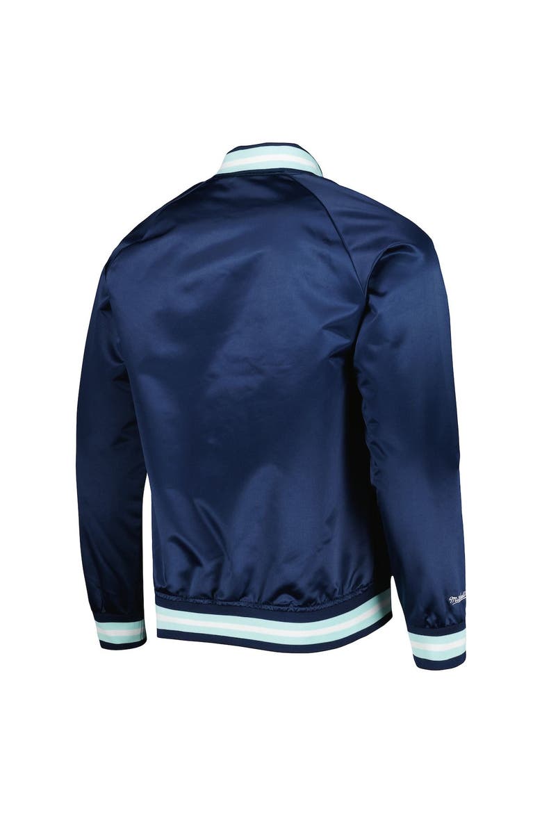 Men's Mitchell & Ness Deep Sea Blue Seattle Kraken Satin Full-Snap Raglan Varsity Jacket, Alternate, color, Navy