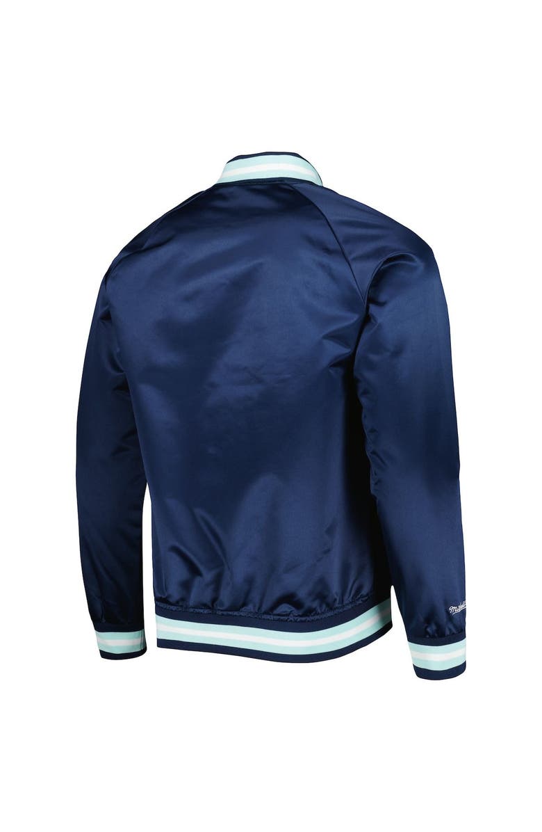 Mitchell & Ness Men's Mitchell & Ness Deep Sea Blue Seattle Kraken Satin Full-Snap Raglan Varsity Jacket, Alternate, color, Navy