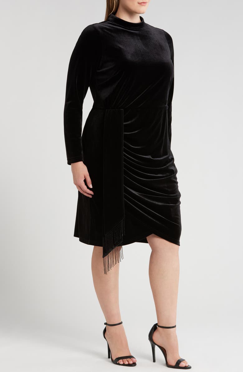 Tahari ASL Ruched Fringe Long Sleeve Stretch Velvet Dress, Alternate, color,