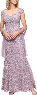 Alex Evenings Soutache Sequin Lace A-Line Gown with Wrap