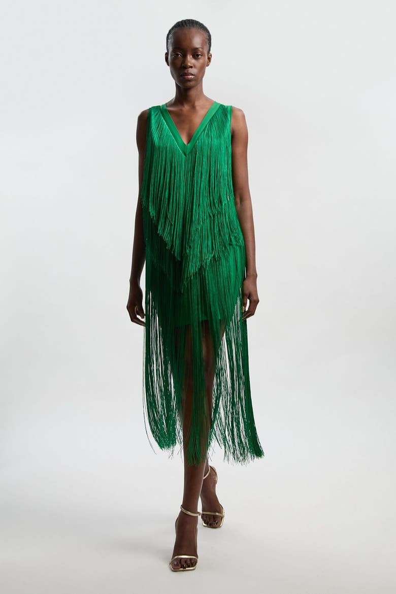 Fringe Bandage V-Neck Midi Dress, Main, color, Green