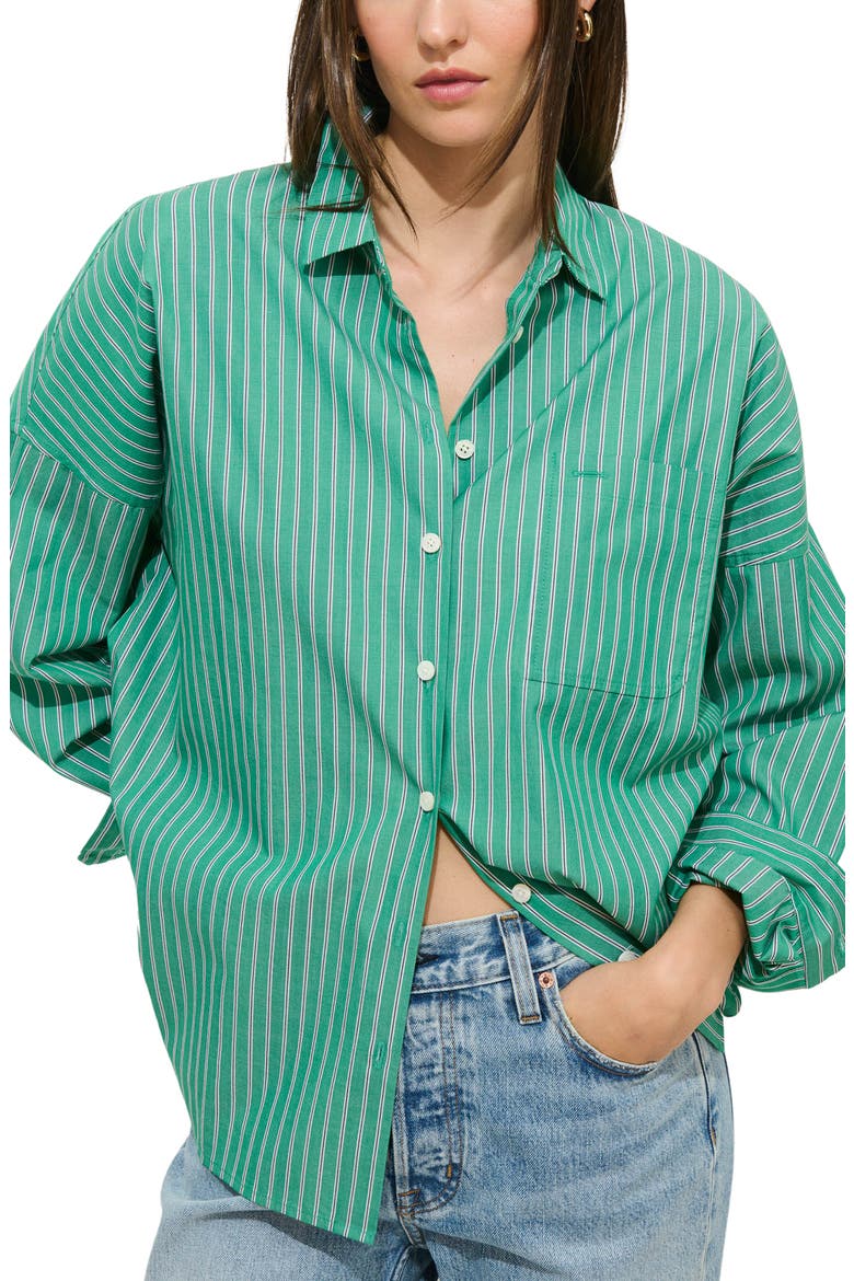 Jo Stripe Oversize Cotton Button-Up Shirt, Main, color, JADE GREEN