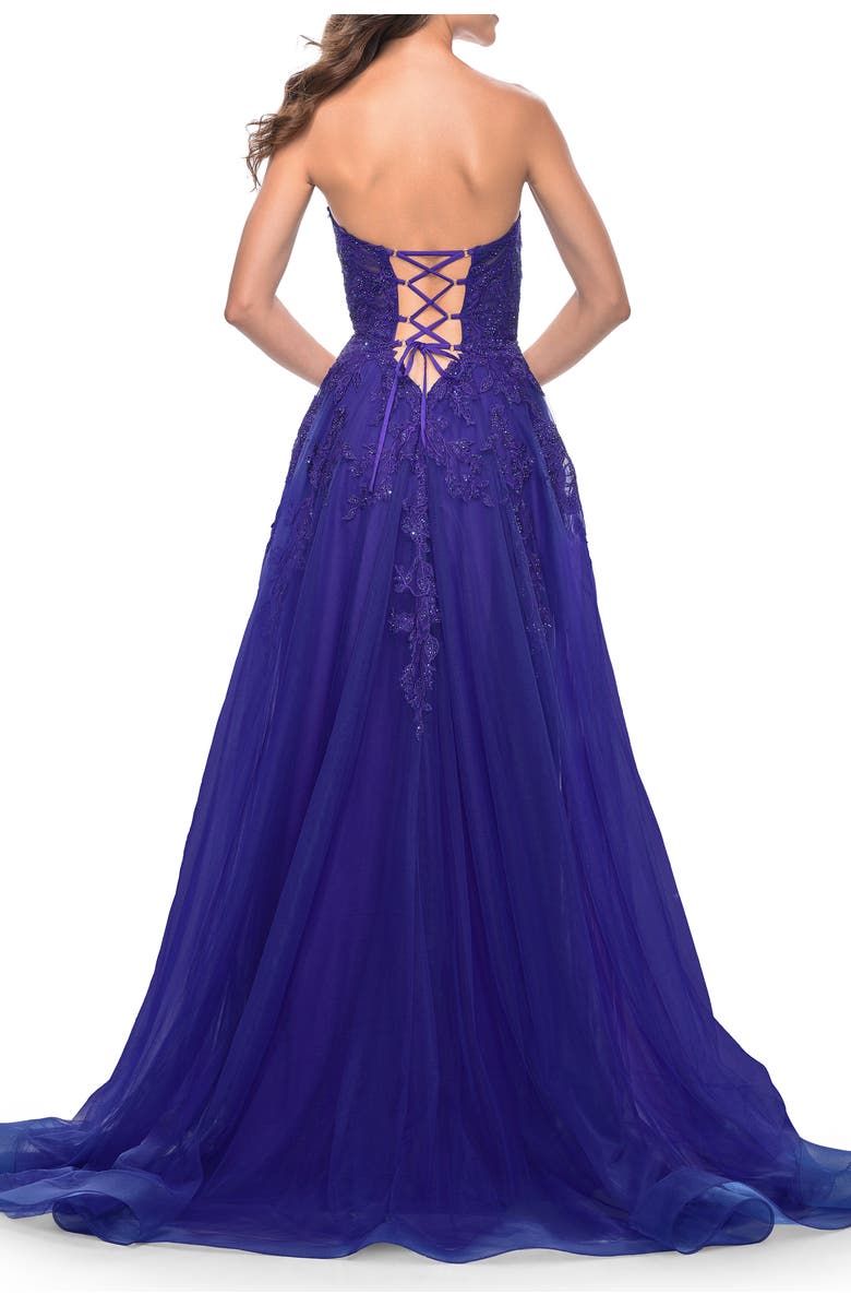 La Femme Sweetheart Tulle Strapless Gown with Lace Applique, Alternate, color, Indigo