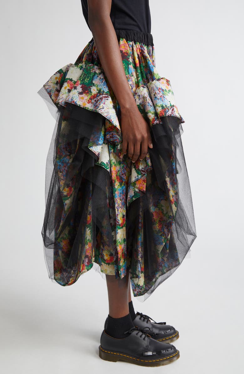 Tao Comme des Garçons Gathered Tulle & Floral Print Cotton MIdi Skirt, Alternate, color,