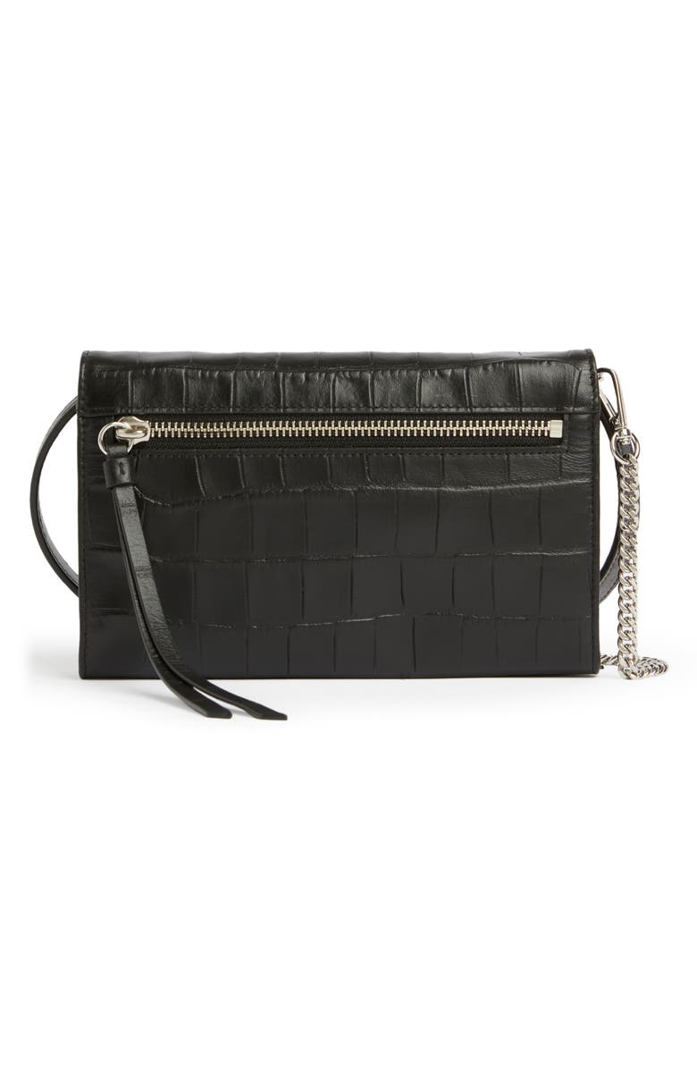 AllSaints Fetch Croc Embossed Leather Chain Crossbody Wallet, Alternate, color, Black Croc