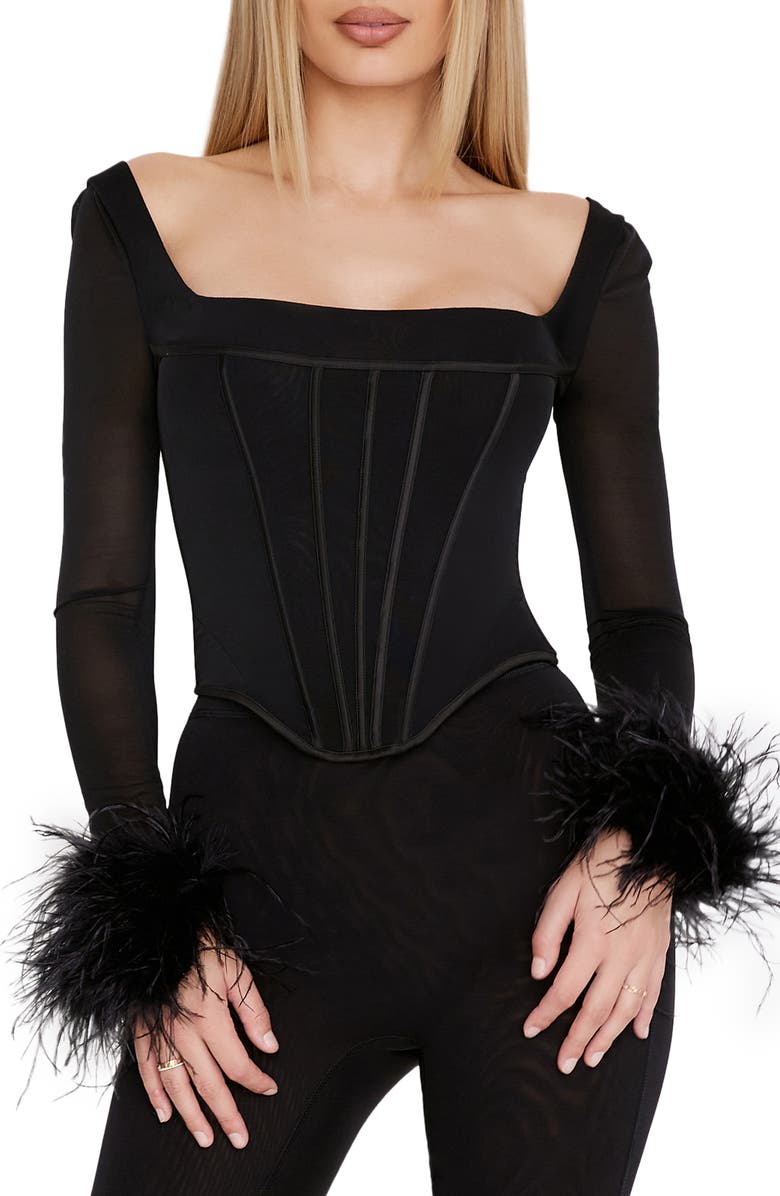 HOUSE OF CB Stella Crop Feather Trim Mesh Corset Top, Main, color,