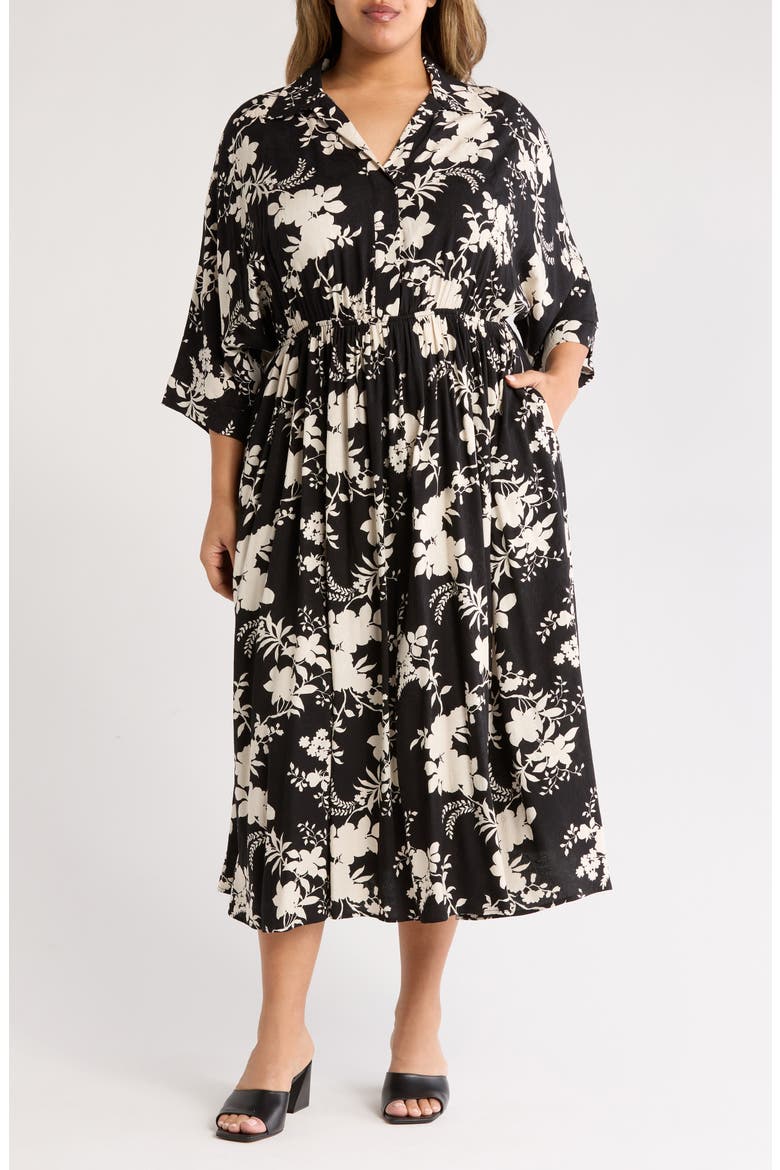 Floral Collared Jacquard Dress, Main, color, BLACK
