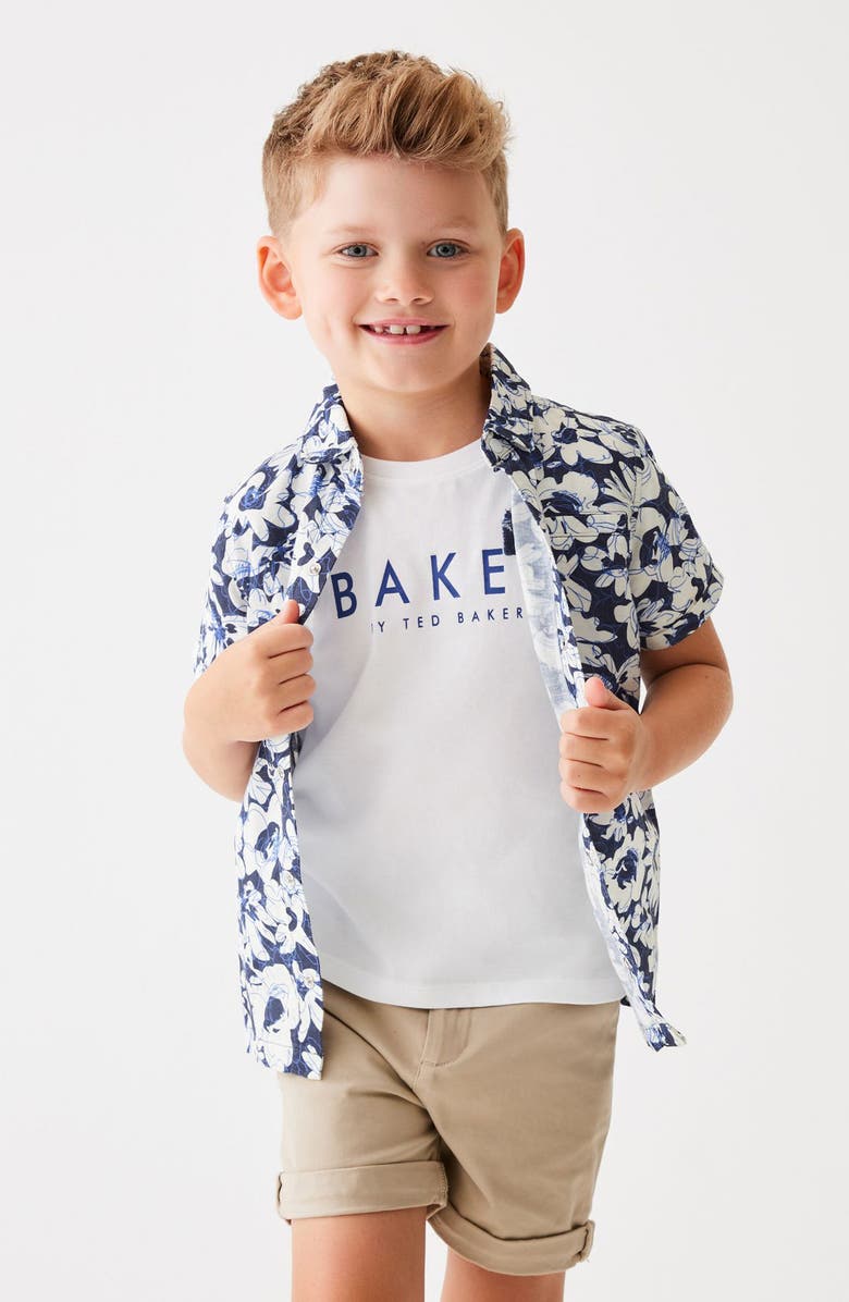 Baker by Ted Baker Kids' Graphic T-Shirt & Floral Short Sleeve Snap-Up Overshirt Set, Main, color,