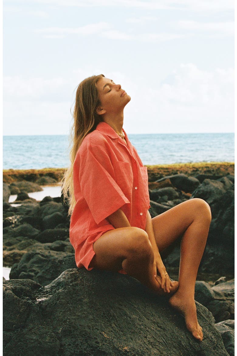 Rowan Resort Linen Cover-Up Shirt, Alternate, color, CORAL