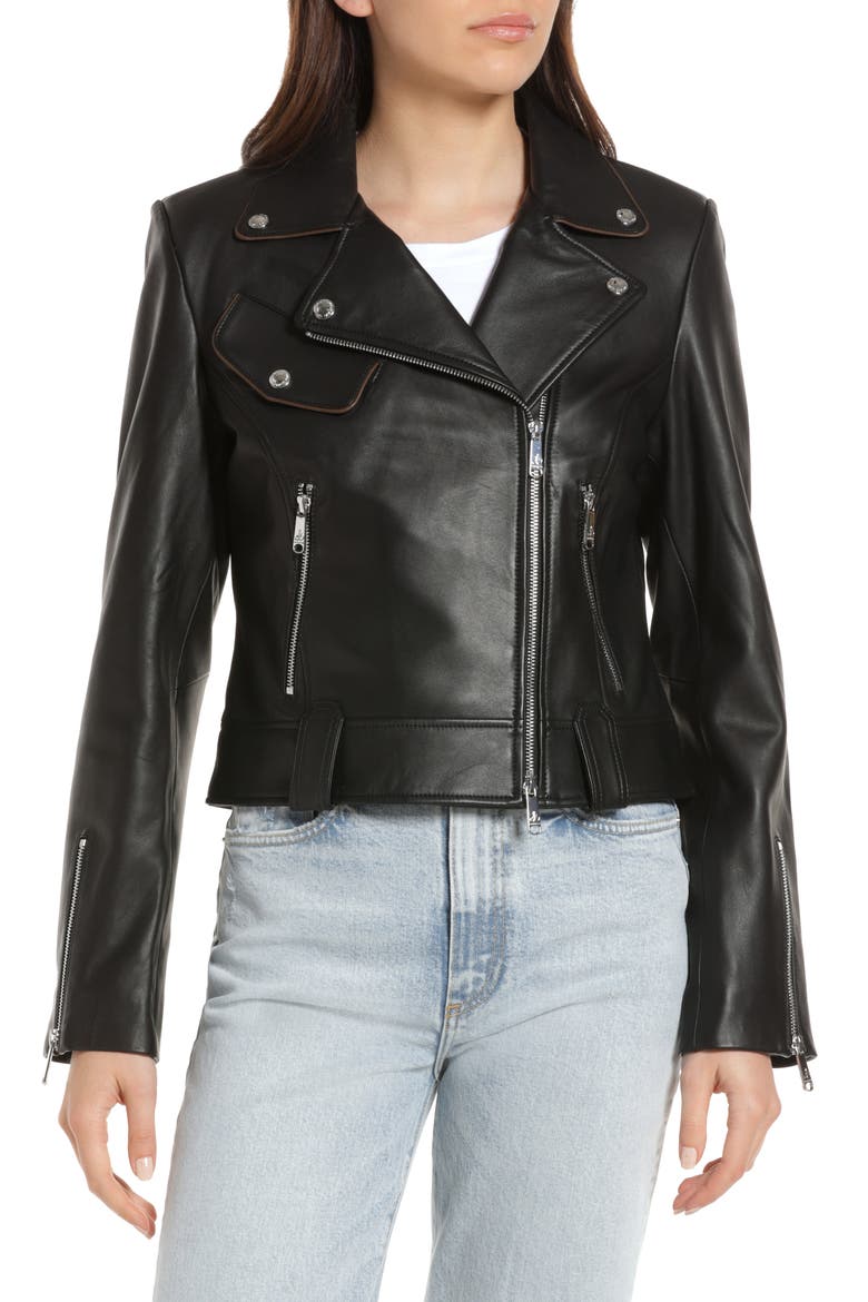 Piped Leather Moto Jacket, Alternate, color, BLACK