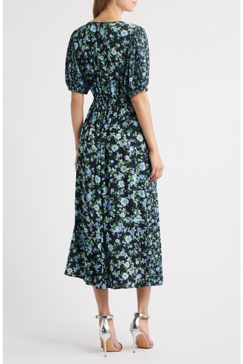 Floral Print Puff Sleeve Midi Dress, Alternate, color, BLUE