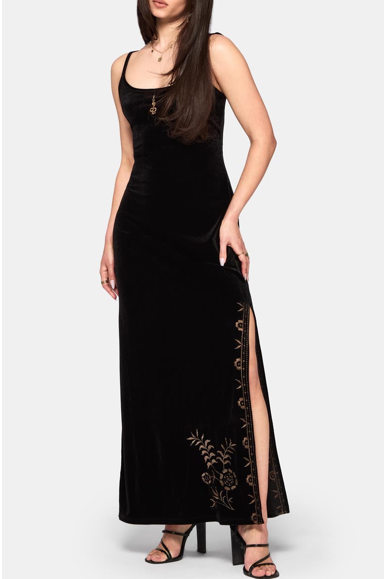 Kobra Embroidered Velour Maxi Slip Dress, Alternate, color, Black